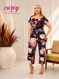 Floral Ruffle Neckline Jumpsuit – Black & Rose Print