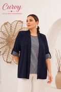 Curvy Lightweight Summer Navy Blazer & Stripe Blouse Two-Piece Set
