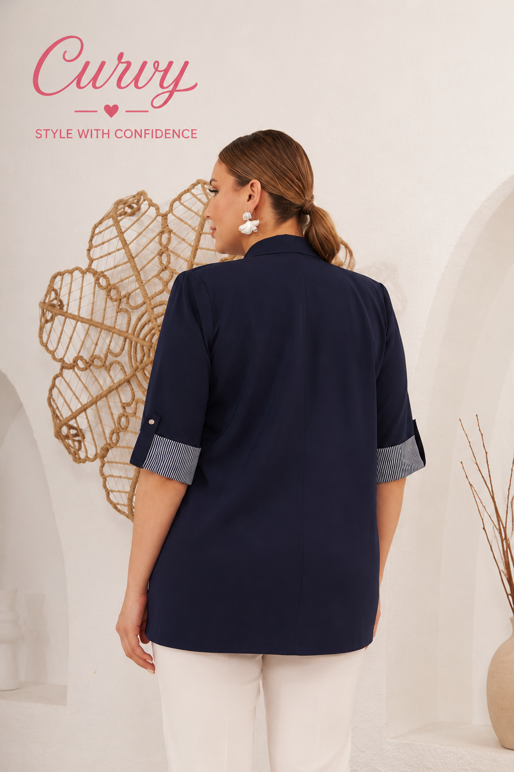 Curvy Lightweight Summer Navy Blazer & Stripe Blouse Two-Piece Set