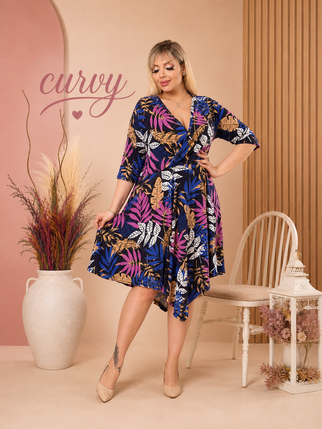Tropical Wrap Midi Dress – Blue & Fuchsia Floral Print
